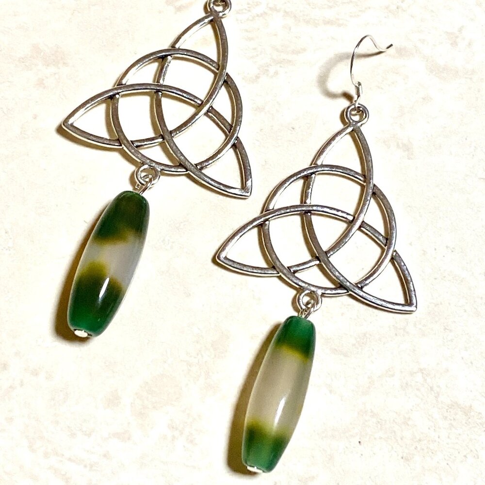 2/$20, Genuine Green Agate Celtic Trinity Sterling Silver Dangle Earrings